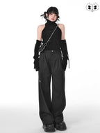 YUBABY Black Minimalist Elegant Straight Cut High Waist Women's Cotton Wide-leg Pants