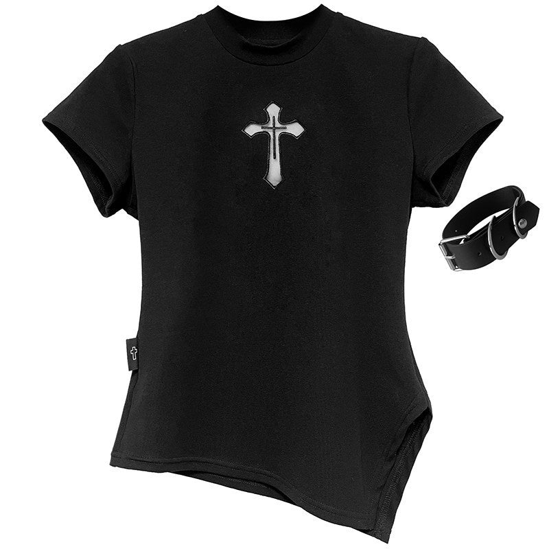YUBABY_Black_Mock_Neck_Cutout_Mesh_Sleeve_Arm_Ring_Women's_Mesh_Short_Sleeve_T-shirts_1032046526726_MISSTT