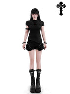 YUBABY Black Mock Neck Cutout Mesh Sleeve Arm Ring Women's Mesh Short Sleeve T-shirts