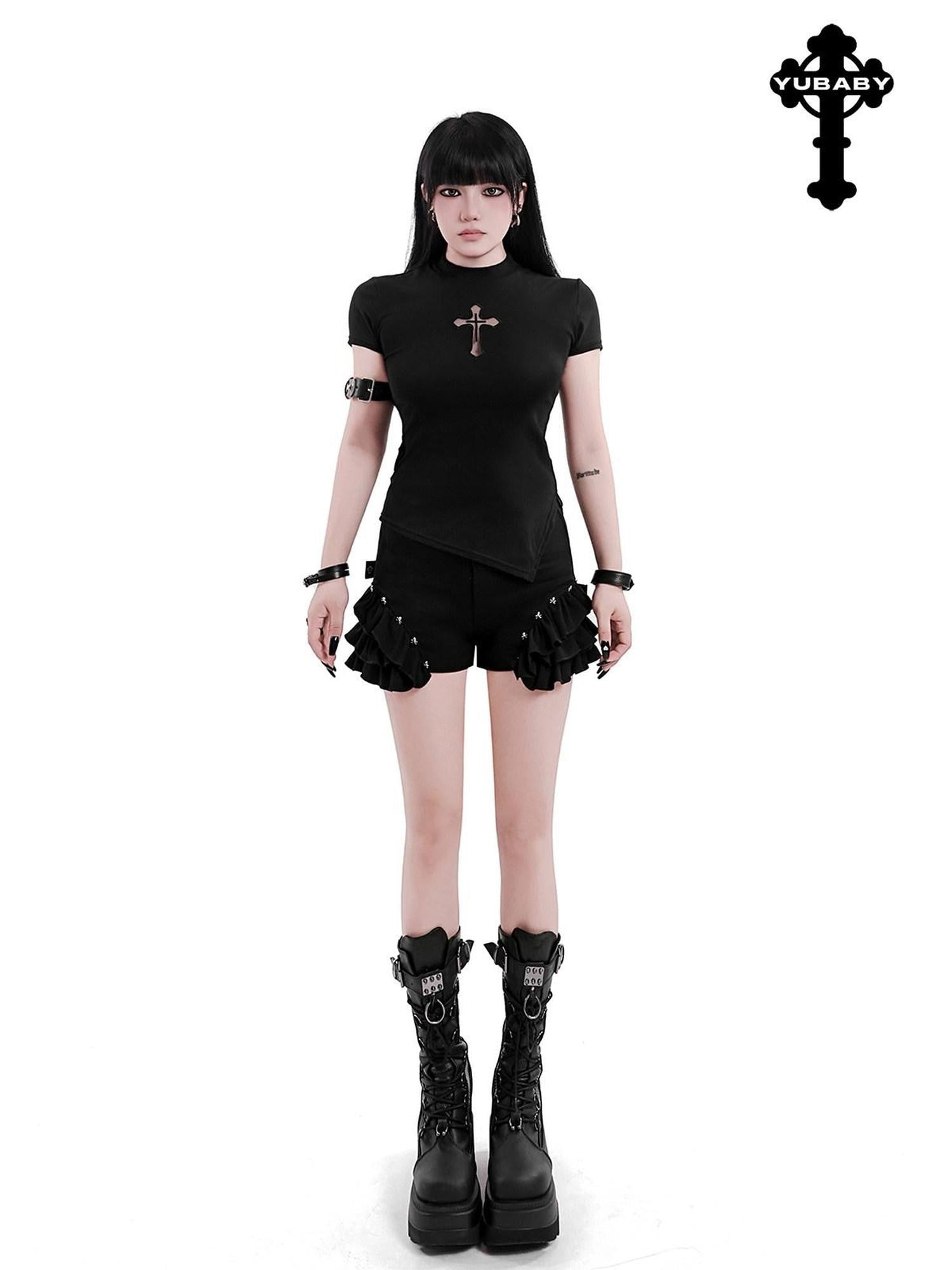 YUBABY Black Mock Neck Cutout Mesh Sleeve Arm Ring Women's Mesh Short Sleeve T-shirts
