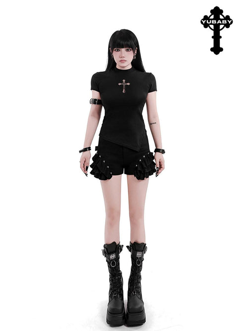 YUBABY Black Mock Neck Cutout Mesh Sleeve Arm Ring Women's Mesh Short Sleeve T-shirts
