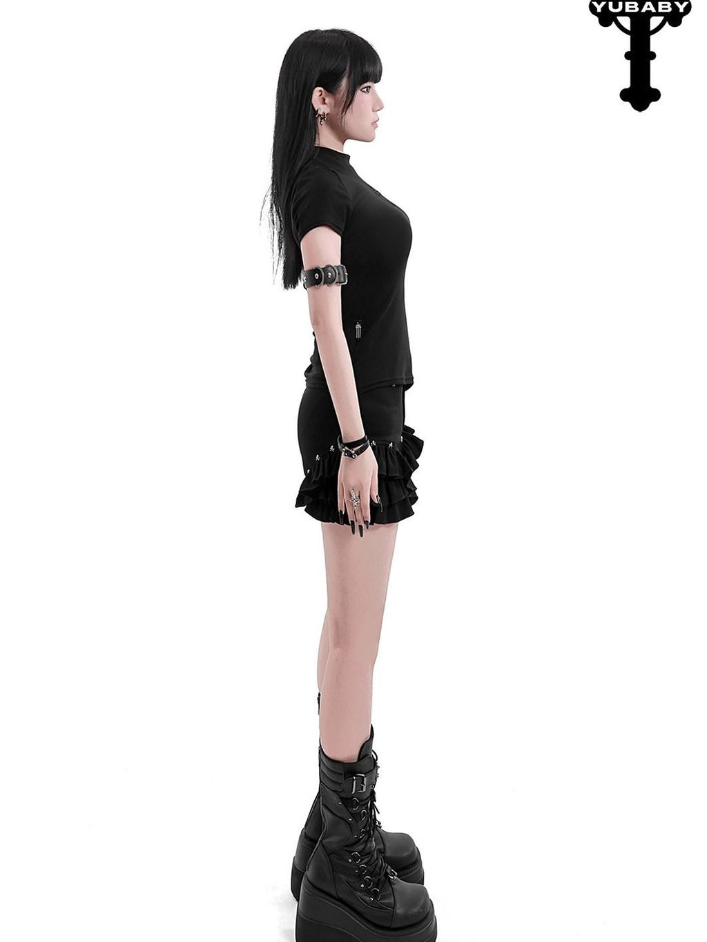 YUBABY Black Mock Neck Cutout Mesh Sleeve Arm Ring Women's Mesh Short Sleeve T-shirts