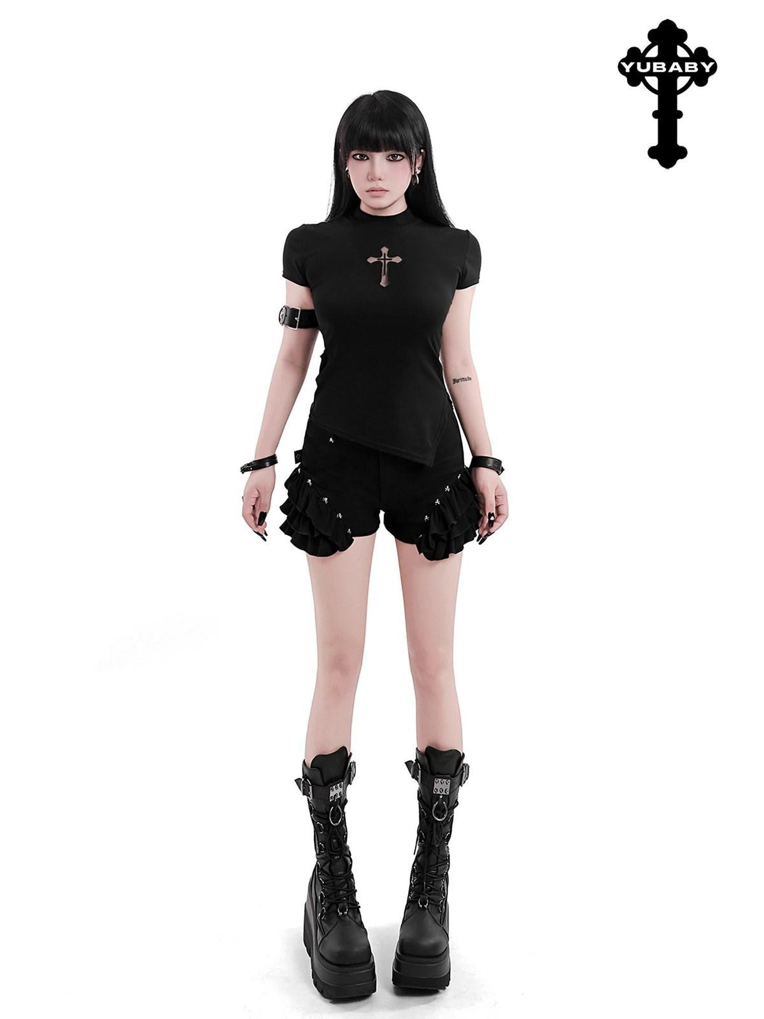YUBABY Black Mock Neck Cutout Mesh Sleeve Arm Ring Women's Mesh Short Sleeve T-shirts