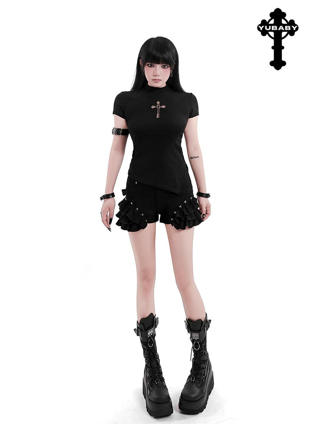 YUBABY Black Mock Neck Cutout Mesh Sleeve Arm Ring Women's Mesh Short Sleeve T-shirts