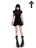 YUBABY Black Mock Neck Cutout Mesh Sleeve Arm Ring Women's Mesh Short Sleeve T-shirts