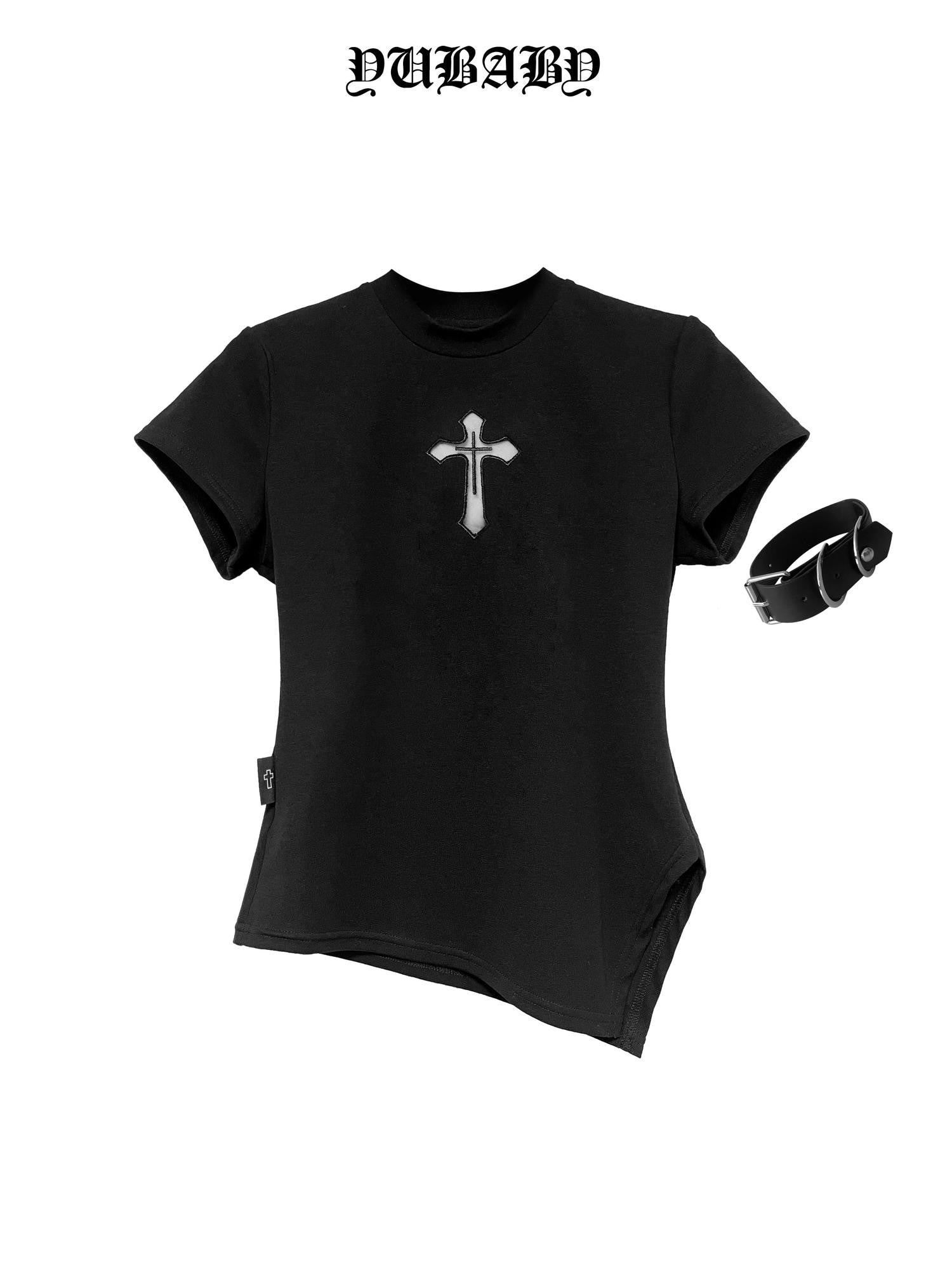 YUBABY Black Mock Neck Cutout Mesh Sleeve Arm Ring Women's Mesh Short Sleeve T-shirts