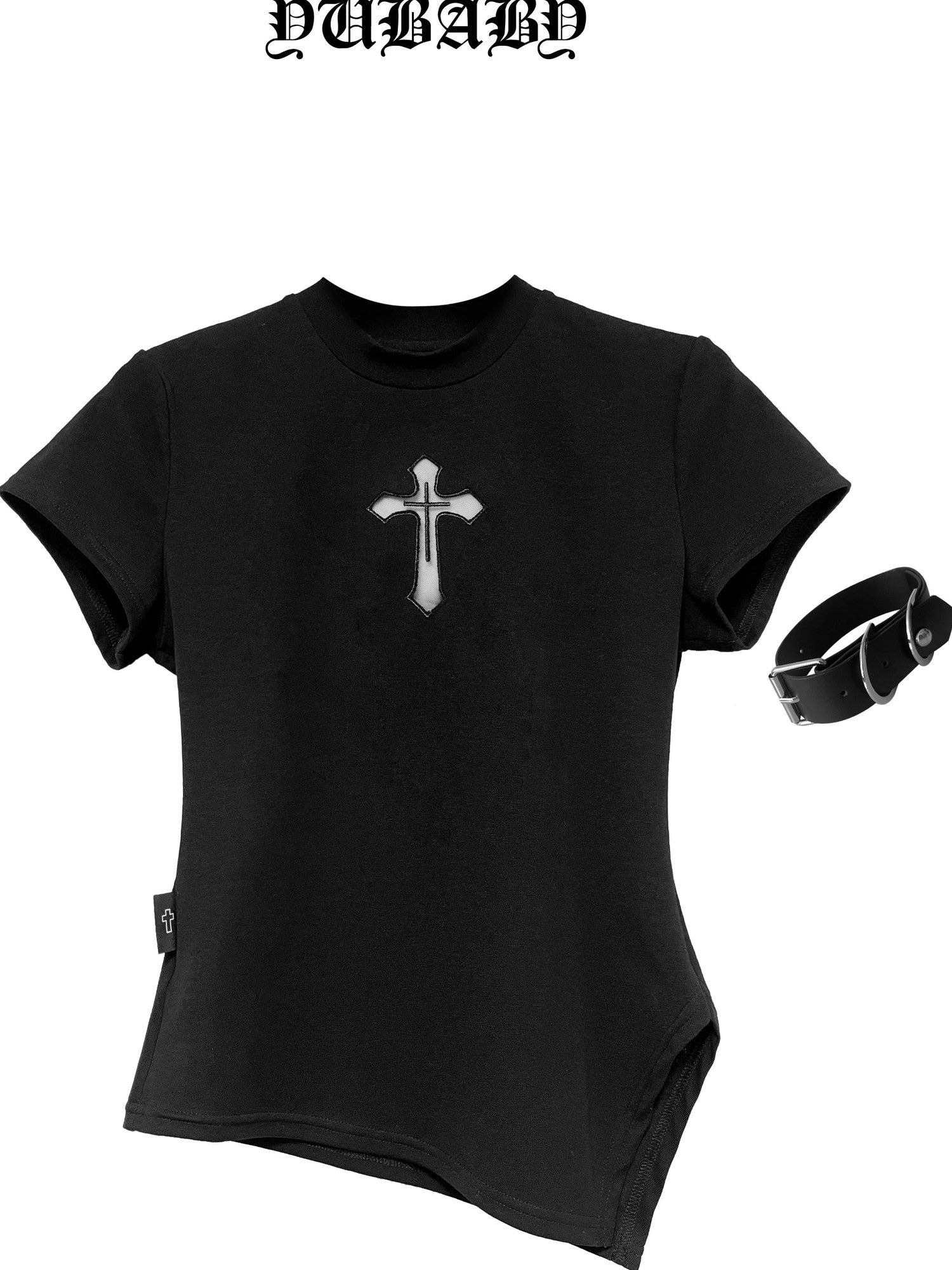YUBABY Black Mock Neck Cutout Mesh Sleeve Arm Ring Women's Mesh Short Sleeve T-shirts