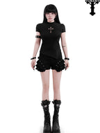 YUBABY Black Mock Neck Cutout Mesh Sleeve Arm Ring Women's Mesh Short Sleeve T-shirts