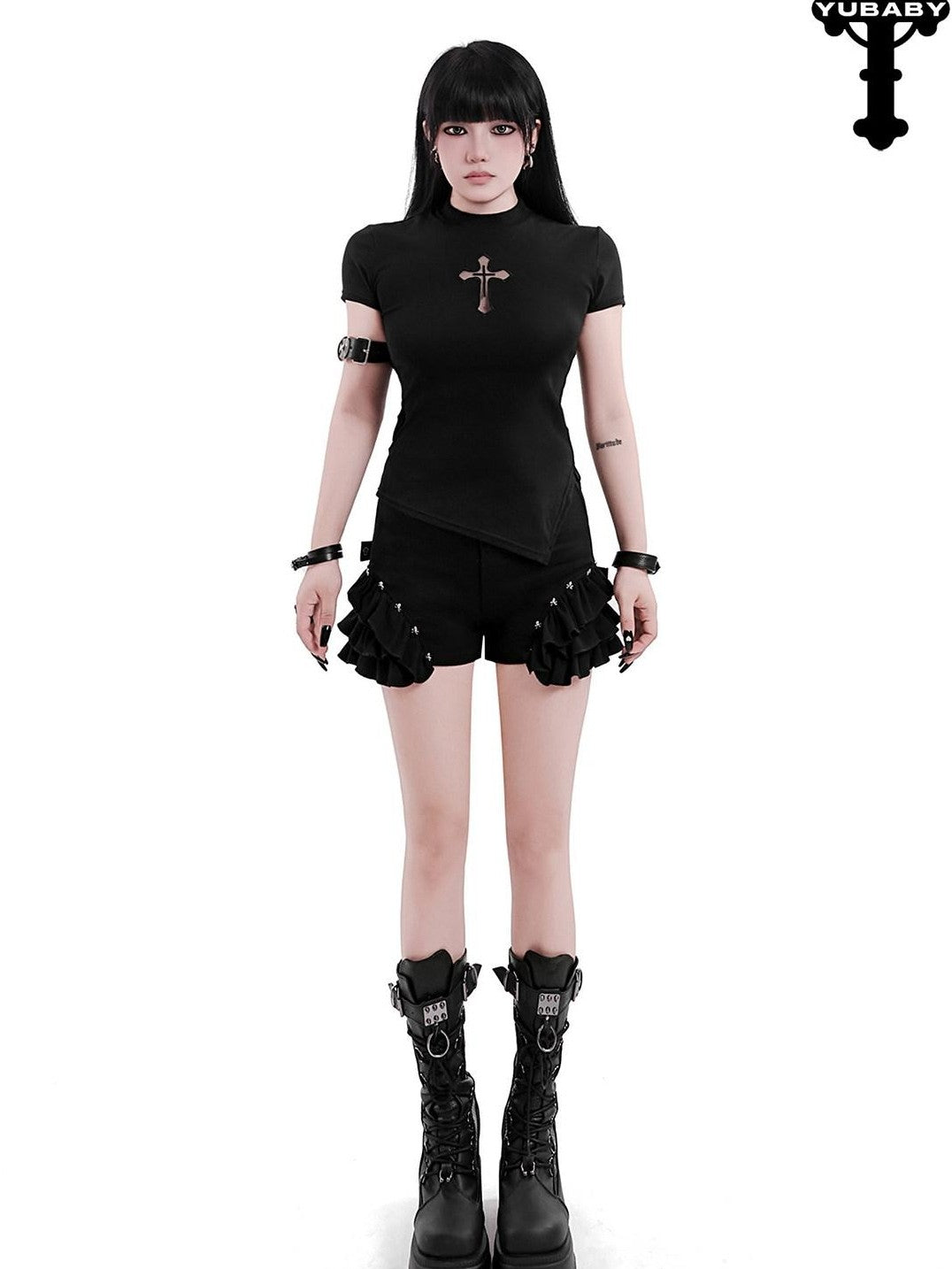 YUBABY Black Mock Neck Cutout Mesh Sleeve Arm Ring Women's Mesh Short Sleeve T-shirts