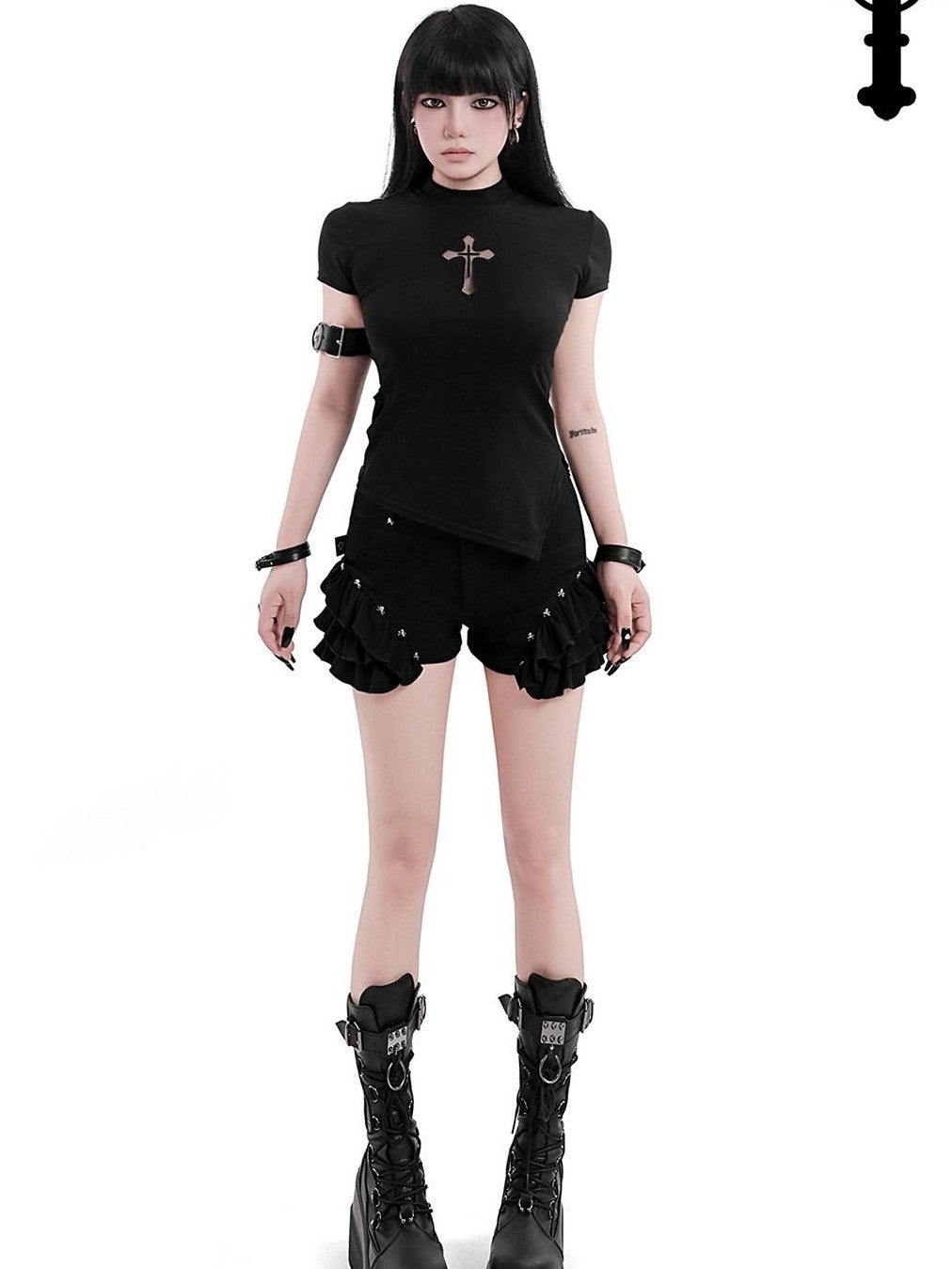 YUBABY Black Mock Neck Cutout Mesh Sleeve Arm Ring Women's Mesh Short Sleeve T-shirts