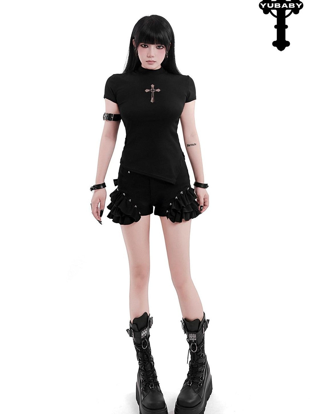 YUBABY Black Mock Neck Cutout Mesh Sleeve Arm Ring Women's Mesh Short Sleeve T-shirts