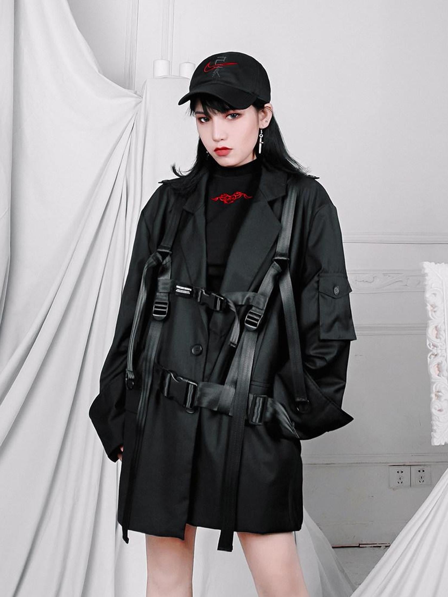 YUBABY Black Multi Strap Techwear Insert Buckle Suspender Women's Glossy Belts