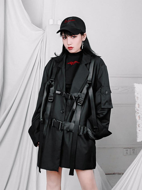 YUBABY Black Multi Strap Techwear Insert Buckle Suspender Women's Glossy Belts
