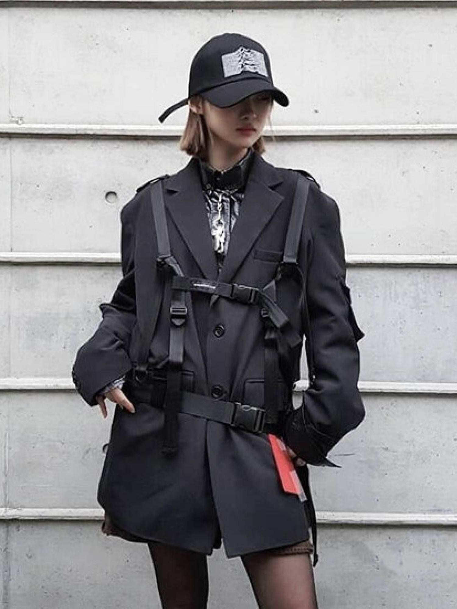 YUBABY Black Multi Strap Techwear Insert Buckle Suspender Women's Glossy Belts