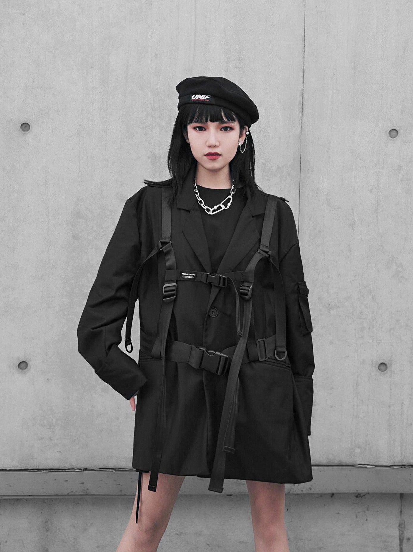 YUBABY Black Multi Strap Techwear Insert Buckle Suspender Women's Glossy Belts