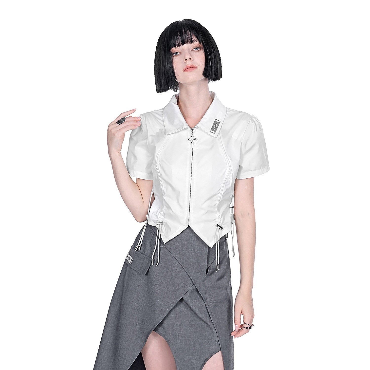 YUBABY_Black_Padded_Shoulder_Metal_Zipper_Waist_Drawcord_Back_Cross_Women's_Blouses_671698280979_MISSTT