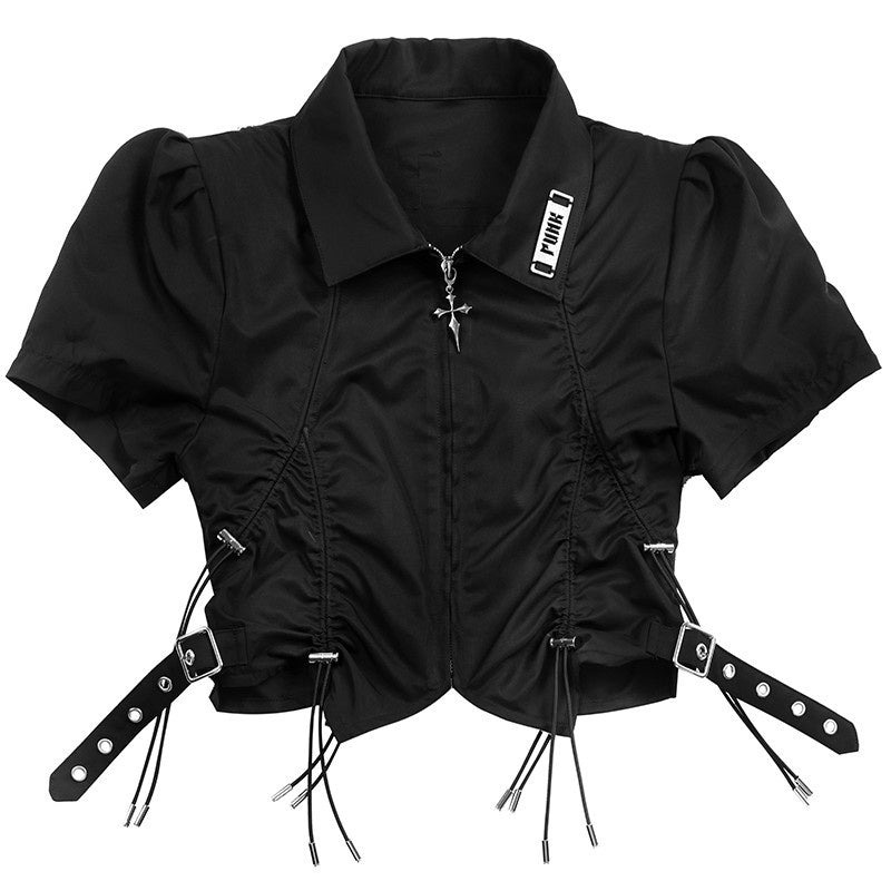 YUBABY_Black_Padded_Shoulder_Metal_Zipper_Waist_Drawcord_Back_Cross_Women's_Blouses_671698280979_MISSTT