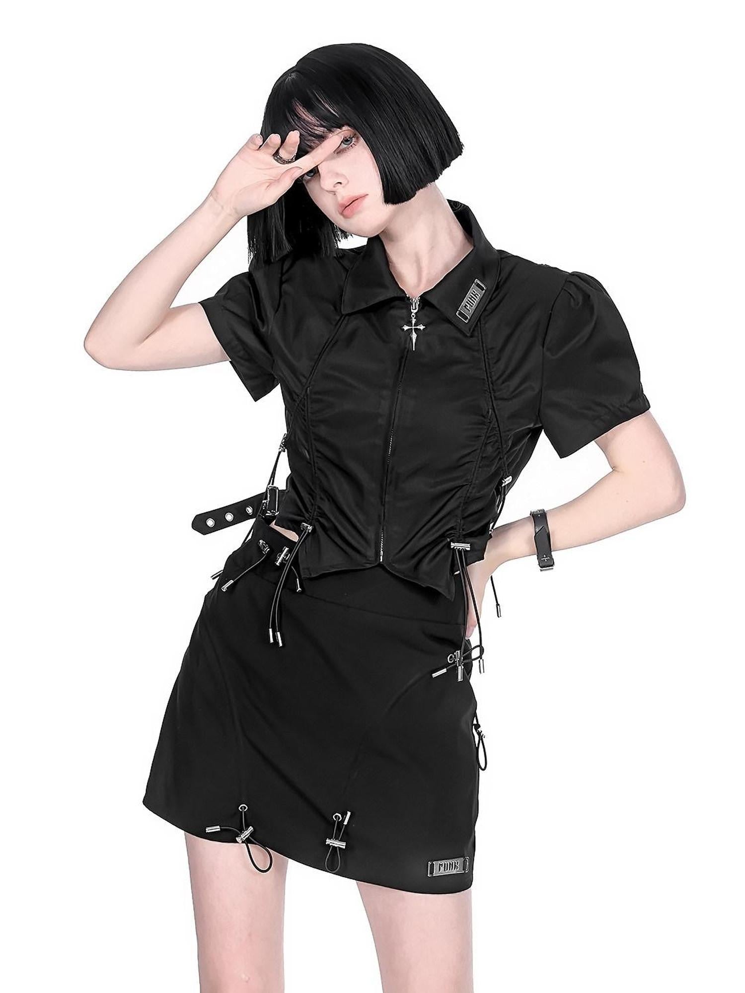 YUBABY Black Padded Shoulder Metal Zipper Waist Drawcord Back Cross Women's Blouses