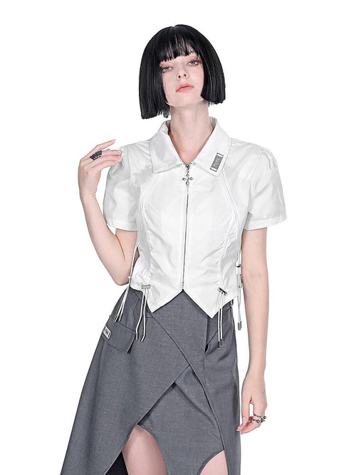 YUBABY Black Padded Shoulder Metal Zipper Waist Drawcord Back Cross Women's Blouses
