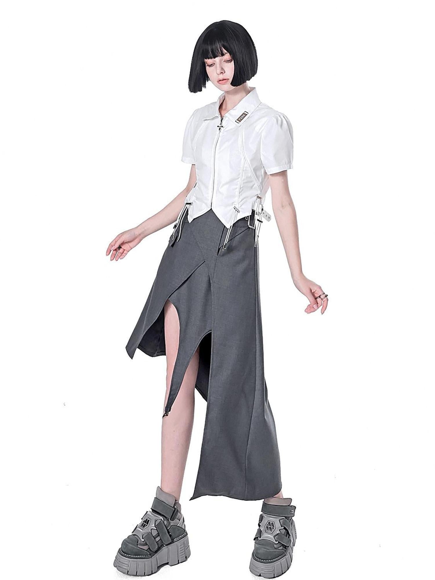 YUBABY Black Padded Shoulder Metal Zipper Waist Drawcord Back Cross Women's Blouses