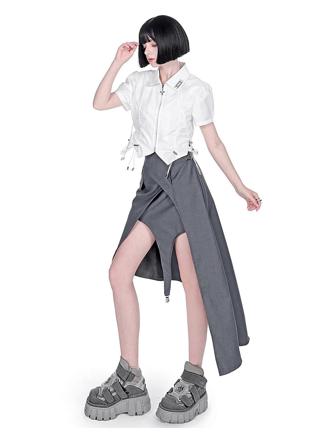 YUBABY Black Padded Shoulder Metal Zipper Waist Drawcord Back Cross Women's Blouses