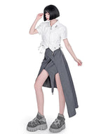 YUBABY Black Padded Shoulder Metal Zipper Waist Drawcord Back Cross Women's Blouses