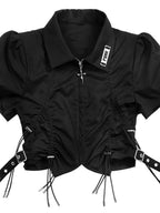 YUBABY Black Padded Shoulder Metal Zipper Waist Drawcord Back Cross Women's Blouses