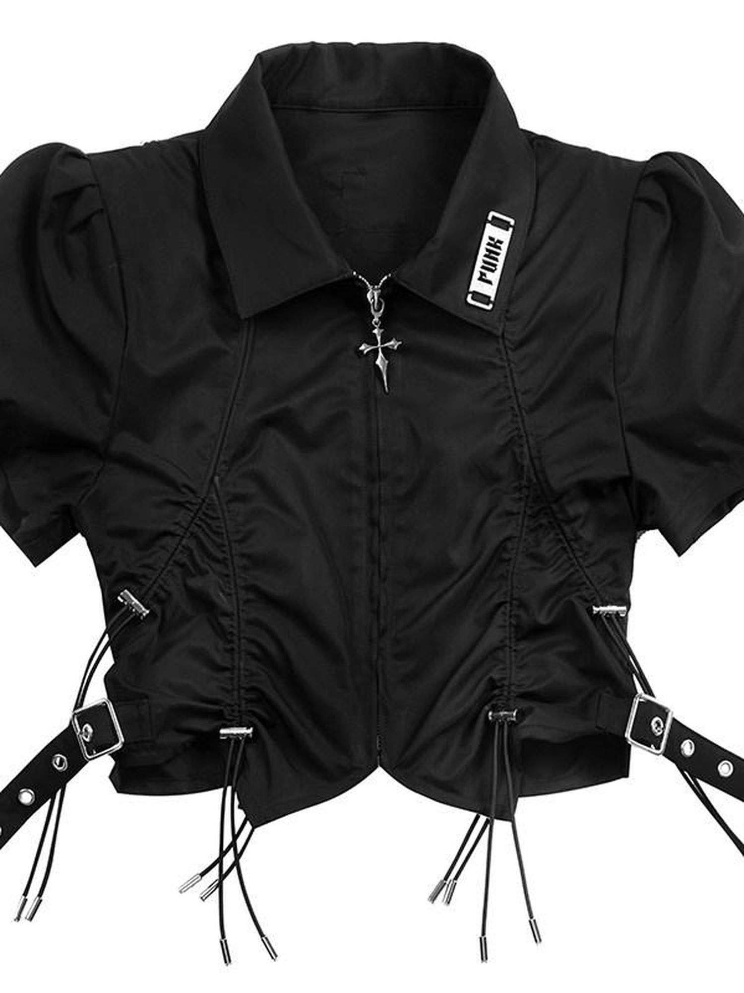 YUBABY Black Padded Shoulder Metal Zipper Waist Drawcord Back Cross Women's Blouses