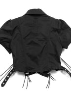 YUBABY Black Padded Shoulder Metal Zipper Waist Drawcord Back Cross Women's Blouses