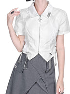 YUBABY Black Padded Shoulder Metal Zipper Waist Drawcord Back Cross Women's Blouses