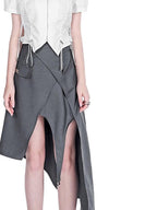 YUBABY Black Padded Shoulder Metal Zipper Waist Drawcord Back Cross Women's Blouses