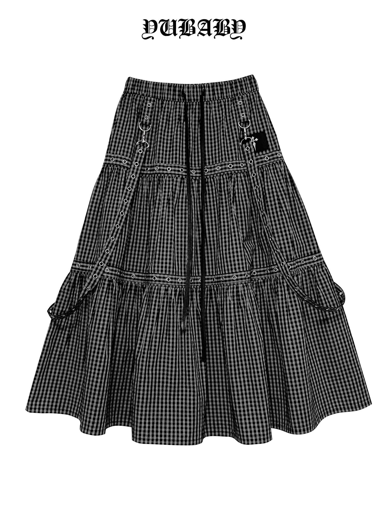 YUBABY Black Plaid Metal Ring Strap Layered High Waist Women's A Line Maxi Skirts