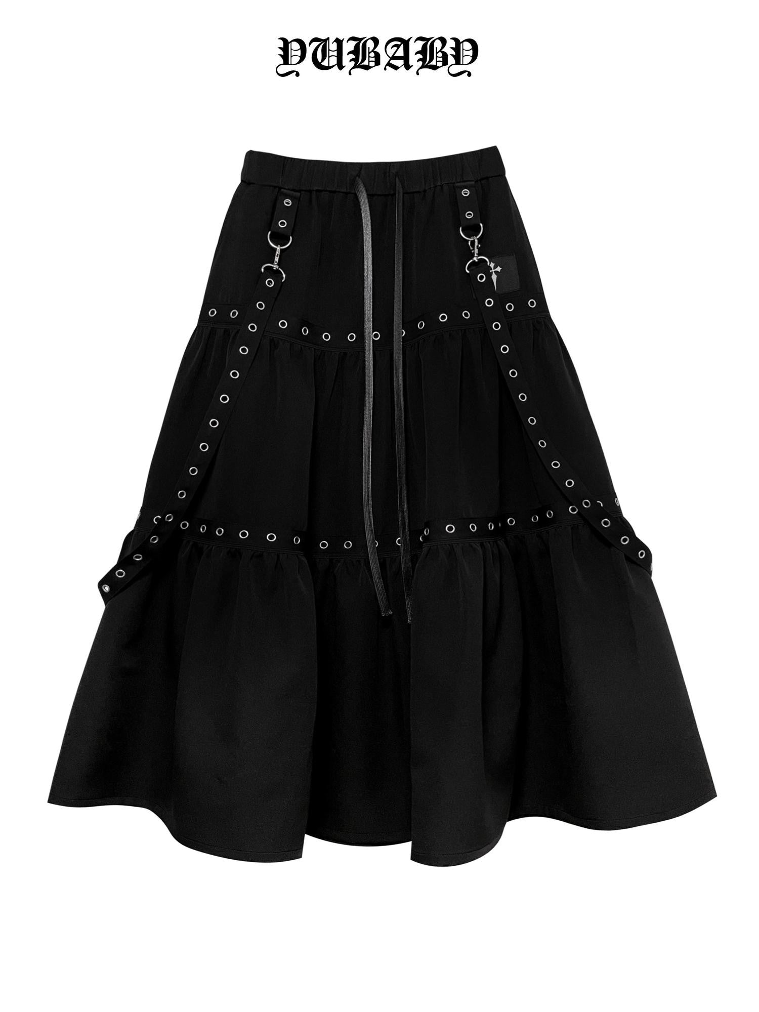 YUBABY Black Plaid Metal Ring Strap Layered High Waist Women's A Line Maxi Skirts