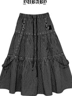 YUBABY Black Plaid Metal Ring Strap Layered High Waist Women's A Line Maxi Skirts