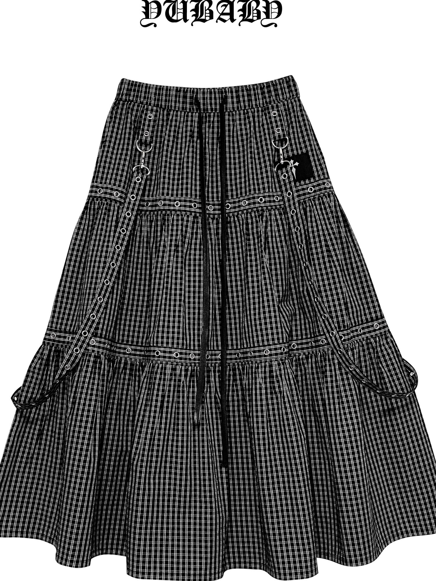 YUBABY Black Plaid Metal Ring Strap Layered High Waist Women's A Line Maxi Skirts
