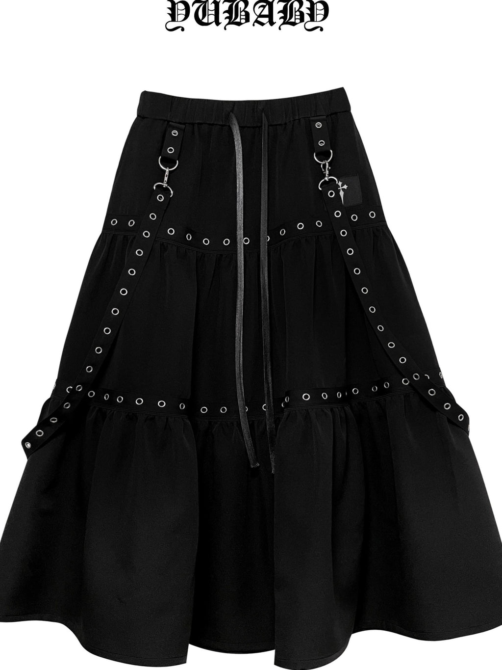 YUBABY Black Plaid Metal Ring Strap Layered High Waist Women's A Line Maxi Skirts