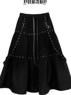 YUBABY Black Plaid Metal Ring Strap Layered High Waist Women's A Line Maxi Skirts