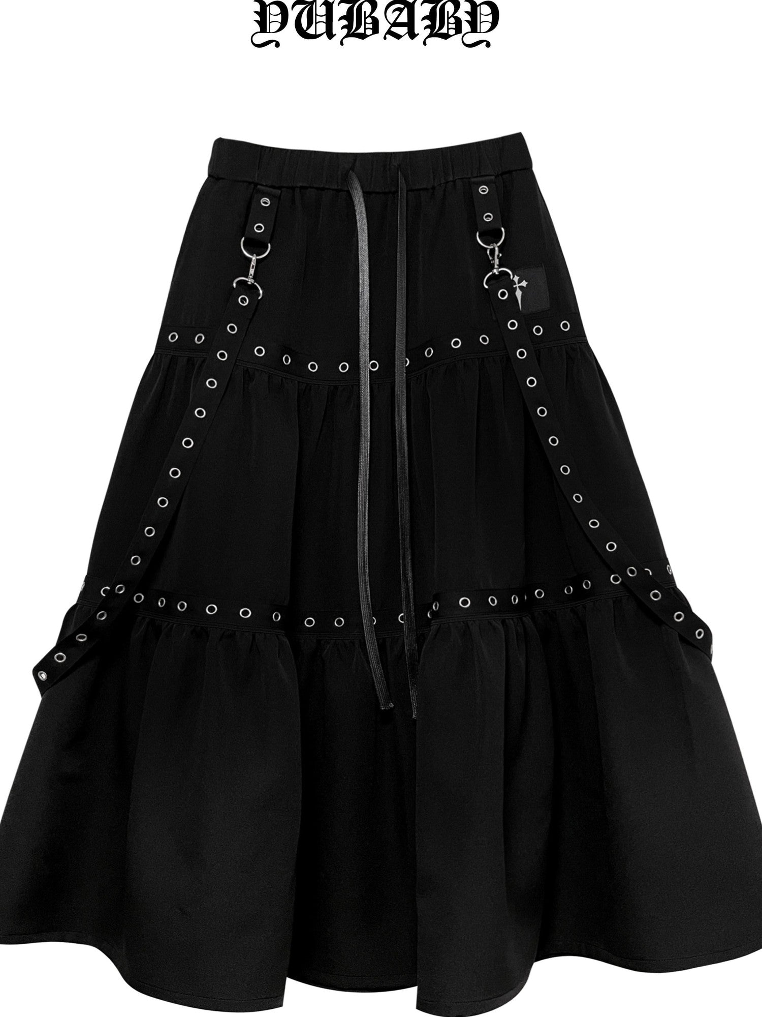 YUBABY Black Plaid Metal Ring Strap Layered High Waist Women's A Line Maxi Skirts