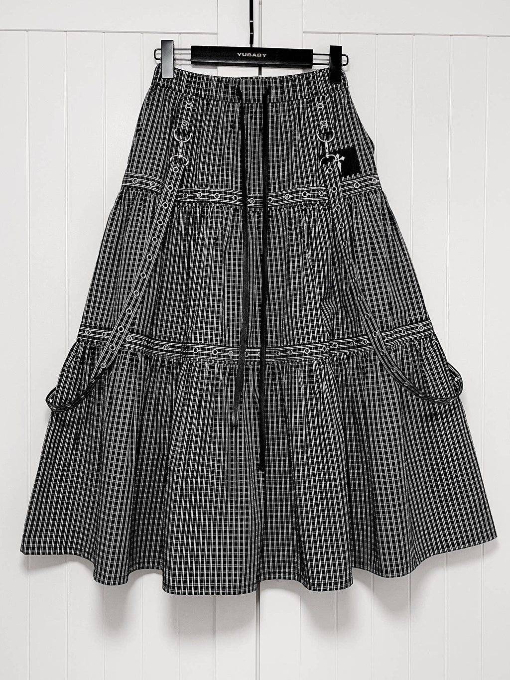 YUBABY Black Plaid Metal Ring Strap Layered High Waist Women's A Line Maxi Skirts