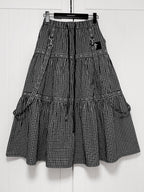 YUBABY Black Plaid Metal Ring Strap Layered High Waist Women's A Line Maxi Skirts