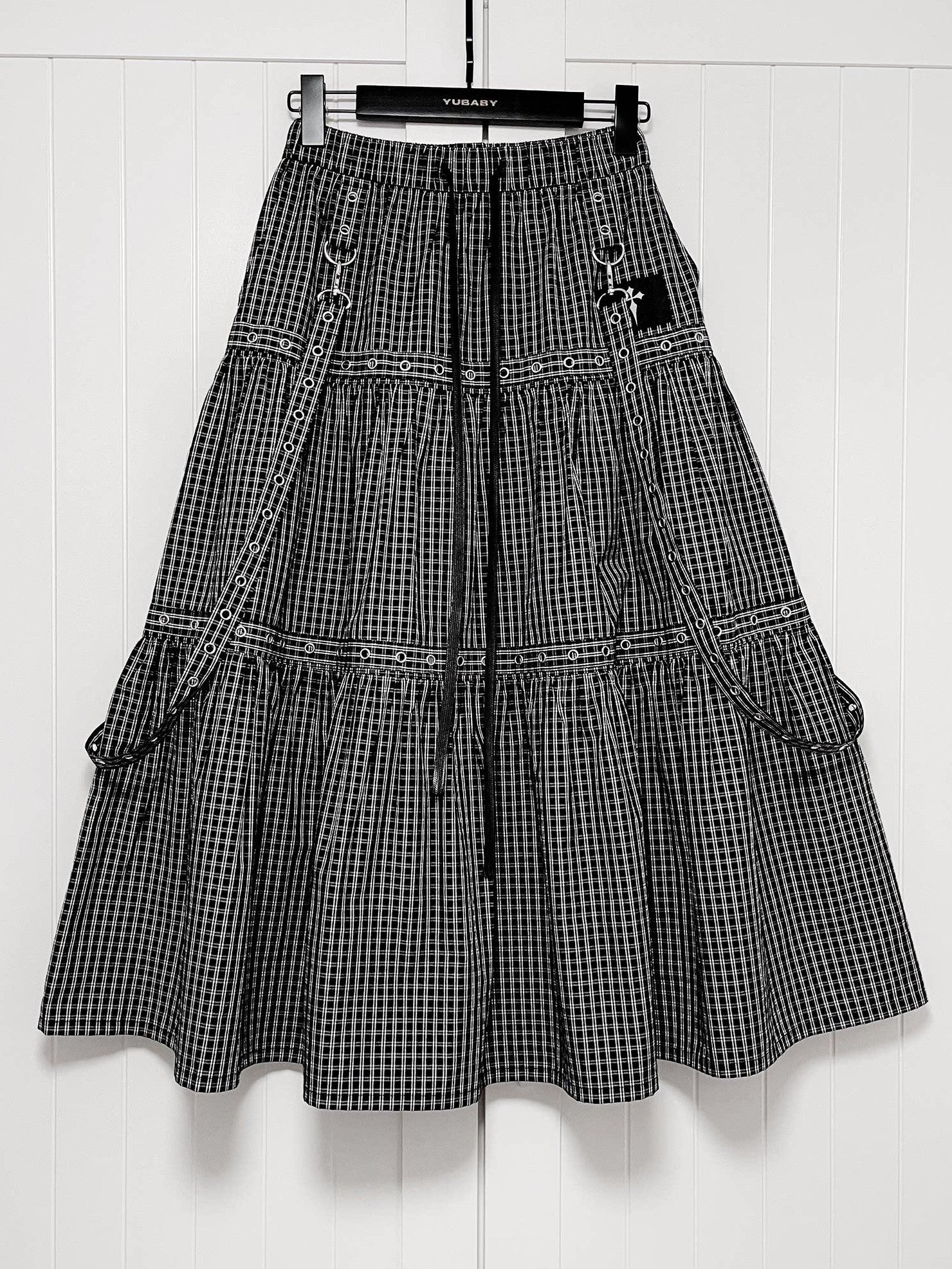 YUBABY Black Plaid Metal Ring Strap Layered High Waist Women's A Line Maxi Skirts