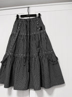 YUBABY Black Plaid Metal Ring Strap Layered High Waist Women's A Line Maxi Skirts