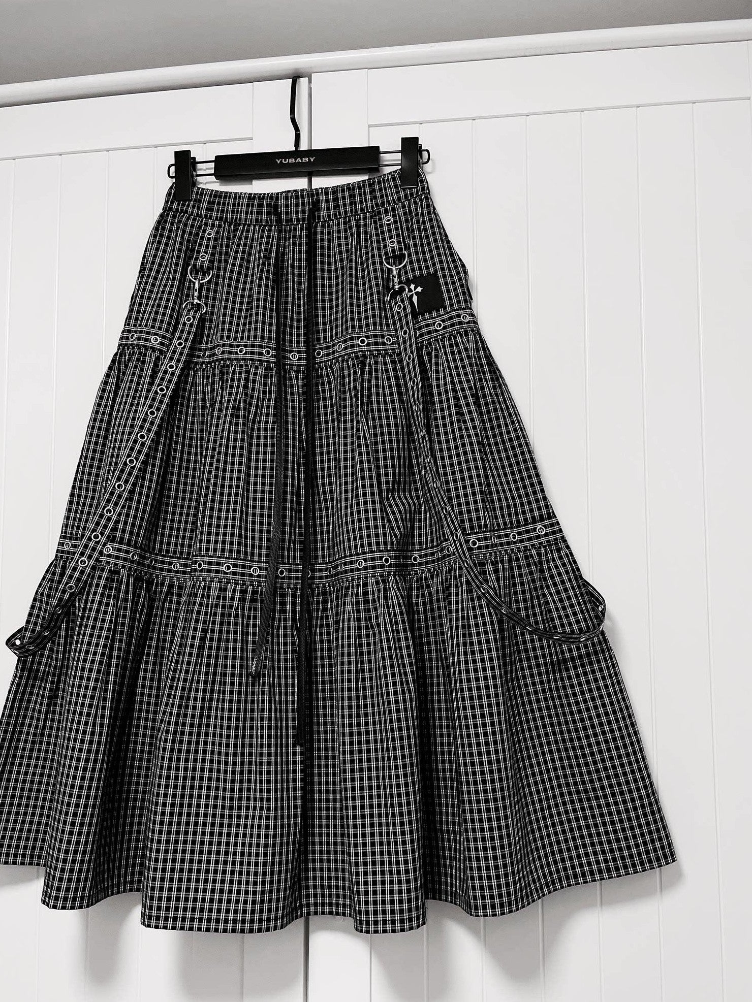 YUBABY Black Plaid Metal Ring Strap Layered High Waist Women's A Line Maxi Skirts