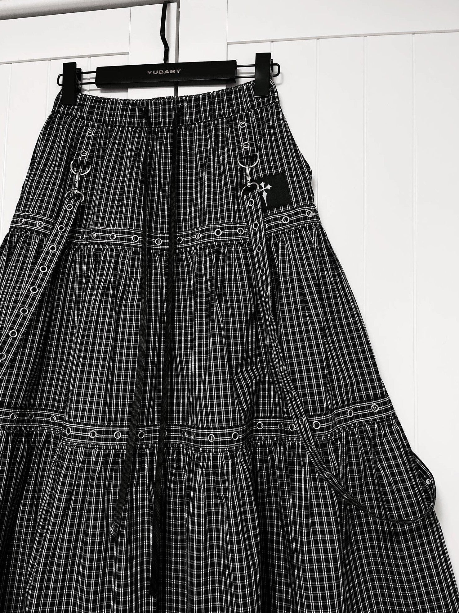 YUBABY Black Plaid Metal Ring Strap Layered High Waist Women's A Line Maxi Skirts