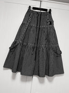 YUBABY Black Plaid Metal Ring Strap Layered High Waist Women's A Line Maxi Skirts