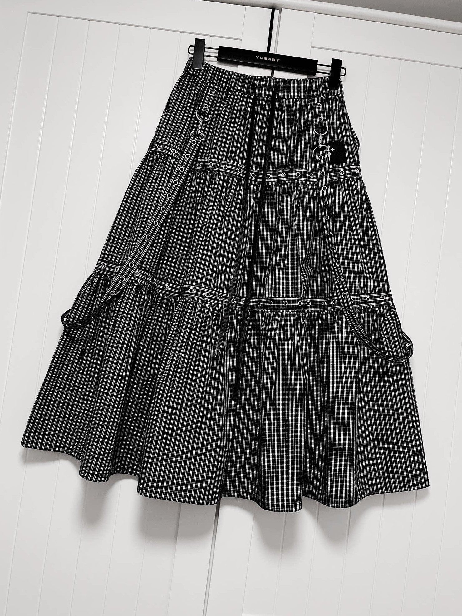 YUBABY Black Plaid Metal Ring Strap Layered High Waist Women's A Line Maxi Skirts