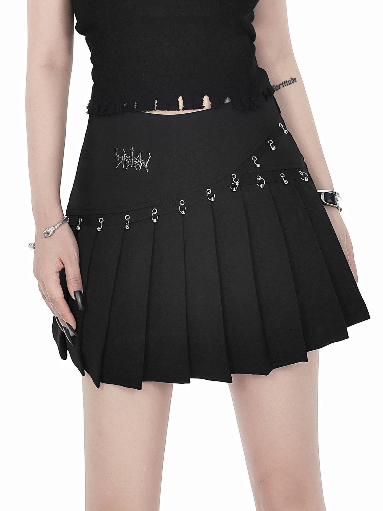 YUBABY Black Pleated Bead Embellished Patchwork Women's Cotton Brocade Skorts
