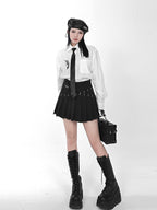 YUBABY Black Pleated Bead Embellished Patchwork Women's Cotton Brocade Skorts