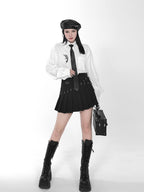 YUBABY Black Pleated Bead Embellished Patchwork Women's Cotton Brocade Skorts