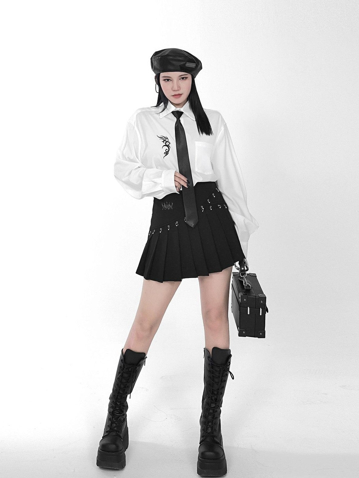 YUBABY Black Pleated Bead Embellished Patchwork Women's Cotton Brocade Skorts